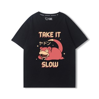 การ์ตูน เสื้อยืดโปเกม่อนอนิเมะ Psyduck Slowpoke เสื้อยืดคอกลมพิมพ์ลายการ์ตูนน่ารักผ้าคอตตอนอินเทรนด์ น่ารัก