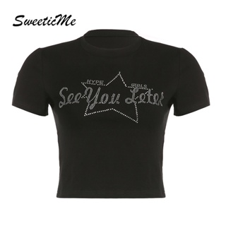 Sweeticme ใหม่ เสื้อยืดลําลอง แขนสั้น คอกลม พิมพ์ลายเพชร แฟชั่นสําหรับสตรี 2023