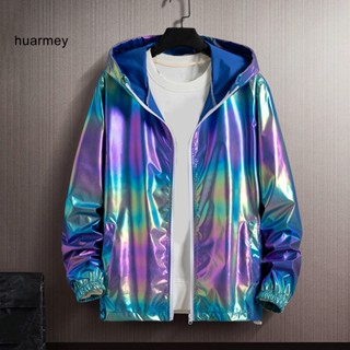 Huarmey เสื้อแจ็กเก็ตกันแดด มีฮู้ด แต่งกระเป๋า สีสันสดใส สไตล์สตรีท สําหรับผู้ชาย