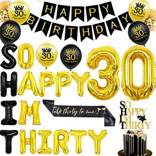 ลูกโป่งฟอยล์ ลาย So Happy IM Thirty ตัวเลข 30 สีดํา ทอง สําหรับตกแต่งเค้กวันเกิด 30 ปี