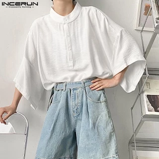 Incerun เสื้อเชิ้ตแขนสั้น คอปก ทรงหลวม สีพื้น สไตล์เกาหลี สําหรับผู้ชาย