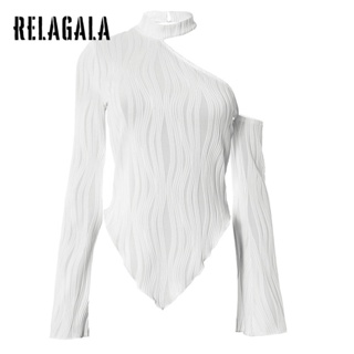 Relagala เสื้อยืดลําลอง แขนยาว เปิดไหล่ เข้ารูป สีพื้น แฟชั่นใหม่ สําหรับสตรี 2023