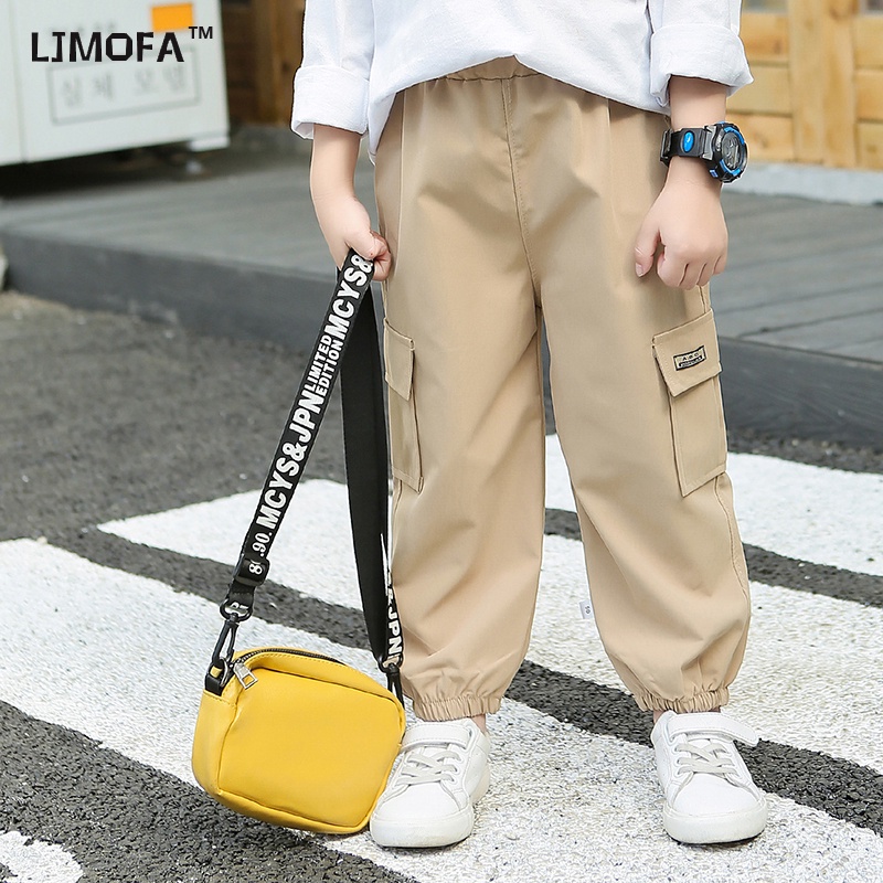Ljmofa KIDS กางเกงสําหรับ 1-9Y ชายสีทึบฤดูร้อนอเนกประสงค์หลวม Cargo กางเกงเด็กกางเกงลําลอง