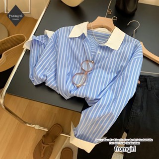 เสื้อเชิ้ตแขนยาว แบบบาง ทรงหลวม ลายทาง สีฟ้าหวาน แฟชั่นฤดูใบไม้ผลิ สําหรับผู้หญิง