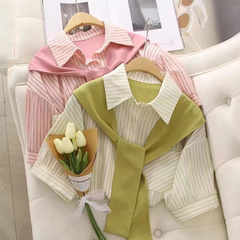 เสื้อเชิ้ตแขนสั้น ผ้าชีฟอง ลายทาง สีเขียวอ่อน สไตล์ใหม่ สองชิ้น