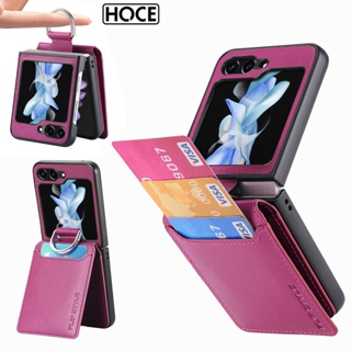 Hoce Zflip5 เคสโทรศัพท์หนัง ฝาพับ พร้อมช่องใส่บัตร และแหวนนิ้ว กันรอยขีดข่วน สําหรับ Samsung Galaxy Z Flip 4 ZFlip3 flip5 5G Zflip2