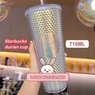 แก้วกาแฟ แก้วน้ำ Starbucks tumbler ของแท้ กระติกน้ำ ชุดสีโปร่งใสสดใส ทุเรียนคัพ ถ้วยเพชรสีชมพูแวววาว710ml / 24oz ถ้วยนี้มาพร้อมกับฝาปิดและฟางที่เข้ากันซึ่งทั้งปลอดสาร BPA 【goob】