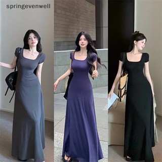 [springevenwell] ชุดเดรสยาว แขนสั้น คอสี่เหลี่ยม สีพื้น สไตล์เกาหลี สําหรับสตรี