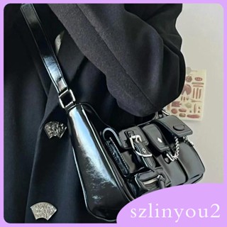 [szlinyou2] กระเป๋าสะพายไหล่ กระเป๋าถือ หนัง PU ทรงโท้ท มีซิป หลายช่อง สีดํา สําหรับสตรี Y2K