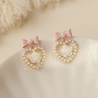 White bow earrings small fresh pearl flowers peach heart earrings summer lovely light extravagant earrings fashionable women