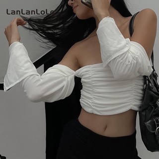 Lanlanlolo เสื้อแขนยาว เปิดไหล่ เซ็กซี่ สีพื้น สําหรับผู้หญิง 2023