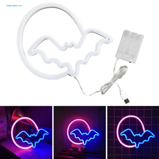 Oupinwou ป้ายไฟนีออน Led รูปค้างคาว ใช้แบตเตอรี่ ชาร์จ Usb สําหรับแขวนตกแต่งผนัง ปาร์ตี้ฮาโลวีน