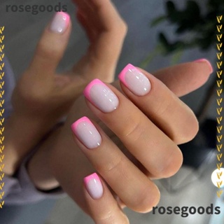 Rosegoods1 เล็บปลอม ขอบสีชมพู สีขาว สีน้ําตาล ดาว เล็บปลอมแฟชั่น ถอดออกได้ เต็มรูปแบบ เล็บสั้น กลม สําหรับร้านเสริมสวย