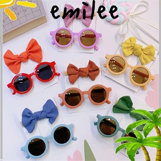 Emilee 2 ชิ้น / เซต แว่นกันแดดเด็ก พร้อมโบว์คาดศีรษะ กรอบกลม ที่มีสีสัน แว่นกันแดดเด็ก ชุดที่คาดผม แว่นตากันแดดน่ารัก สําหรับเด็กผู้หญิง