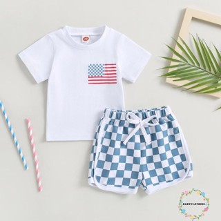 Babyclothes- ชุดเสื้อยืดแขนสั้น พิมพ์ลายธงกรกฎาคม 4th of July และกางเกงขาสั้น ยืดหยุ่น แฟชั่นฤดูร้อน 2 ชิ้น สําหรับเด็ก