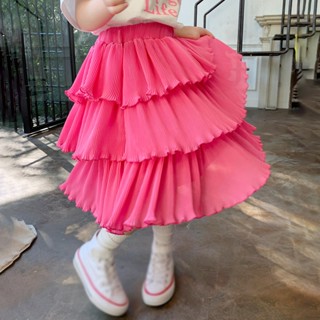 Yesbaby กระโปรงเจ้าหญิง ฤดูร้อน ลําลอง ชั้นกระโปรง สีพื้น แต่งระบาย ออกแบบกระโปรงกลางน่อง