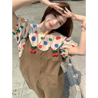 เสื้อเชิ้ตแขนสั้น คอตุ๊กตา ลายจุด และกางเกงขาสั้น แฟชั่นฤดูร้อน สําหรับผู้หญิง 2023