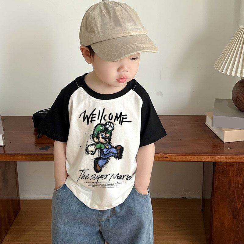 【Boy Top】เสื้อยืดแขนสั้น ผ้าฝ้าย 100% พิมพ์ลายการ์ตูน Raglan ทรงหลวม สไตล์เกาหลี (1-14 ปี)