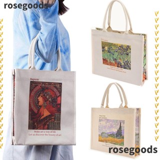 Rosegoods1 กระเป๋าสะพายไหล่ กระเป๋าถือ ผ้าแคนวาส ลายดอกทานตะวัน ภาพวาดสีน้ํามัน เรียบง่าย สําหรับสตรี