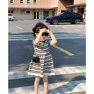 Girls summer dress New ins Nordic style lace striped knitted short sleeve elegant girl dress VRZ4