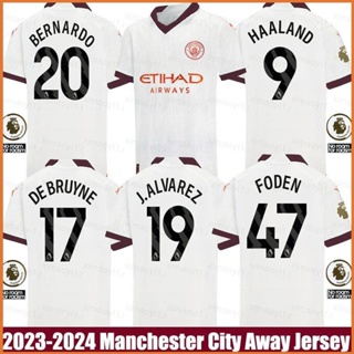 เสื้อกีฬาแขนสั้น ลายทีม Manchester City Away Bernardo Grealish Haaland Alvarez Foden DeBruyne Jersey พลัสไซซ์ 2023-2024