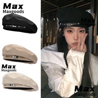 Maxg หมวกเบเร่ต์, หมวกบีนนี่ สีพื้น ฤดูใบไม้ร่วง หมวกเบเร่ต์ หรูหรา ฤดูหนาว อบอุ่น หัวเข็มขัดโลหะ หมวกแบน หมวกผู้หญิง เด็กผู้หญิง