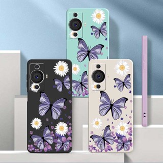 [ฟรีสายคล้อง] Huawei P60 P50 Pro P40 P30 Pro P30Lite ซิลิโคนเหลว ผีเสื้อ ดอกไม้ เคส ขอบสี่เหลี่ยม เต็มรูปแบบ เคสนิ่ม