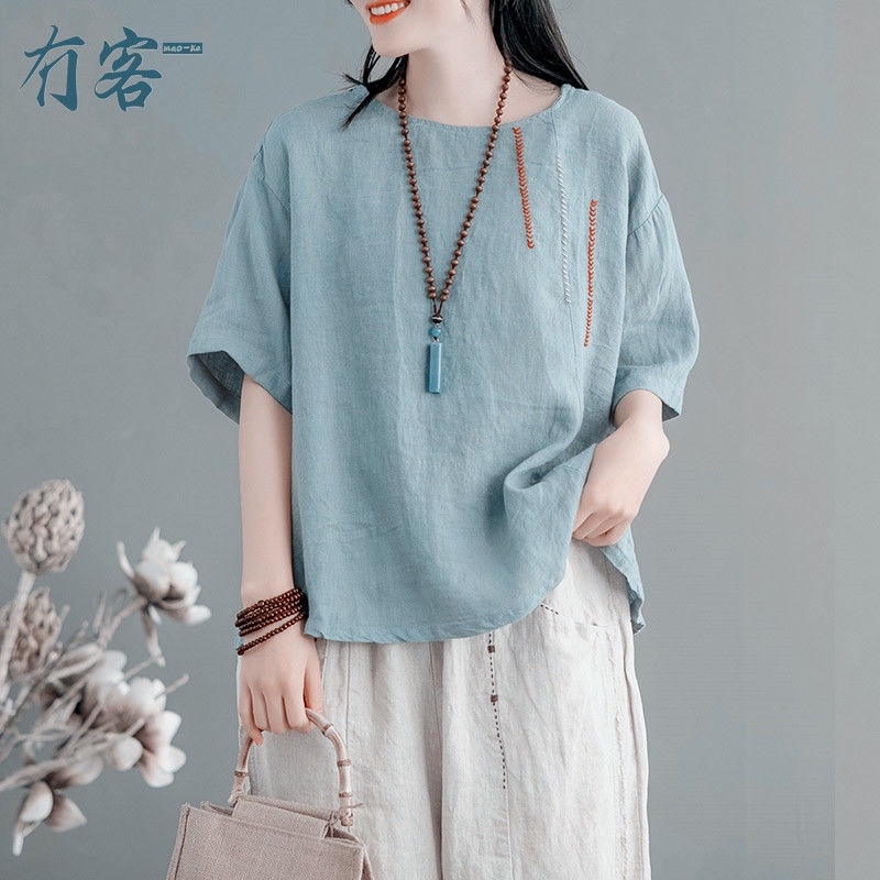 เสื้อยืดแขนสั้นลําลอง คอกลม ผ้าฝ้าย และผ้าลินิน ปักลาย ทรงหลวม ขนาดใหญ่ แฟชั่นฤดูร้อน สไตล์เรโทร สําหรับสตรี