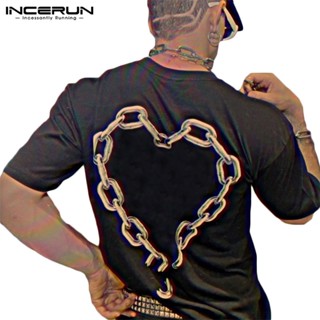 Incerun เสื้อยืดลําลอง แขนสั้น พิมพ์ลายหัวใจ สายโซ่