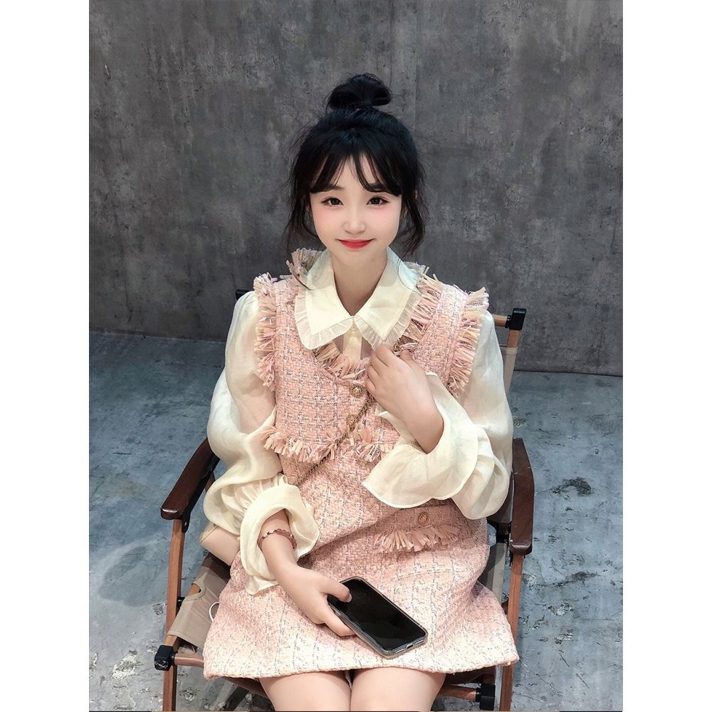 2024Xiaoxiang Style ใหม่ ชุดเสื้อเชิ้ต เสื้อกั๊ก สองชิ้น แฟชั่นฤดูใบไม้ผลิ ระดับไฮเอนด์ สําหรับผู้หญิง