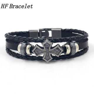 [HF Jewelry] สร้อยข้อมือหนังวัวถัก หลายชั้น ประดับลูกปัด โลโก้ไม้กางเขน สไตล์วินเทจ เครื่องประดับแฟชั่น สําหรับผู้ชายและผู้หญิง