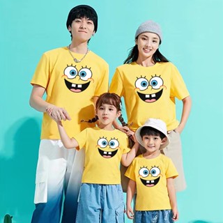 เสื้อยืด พิมพ์ลาย SpongeBob SquarePants Face สีเหลือง แฟชั่นสําหรับครอบครัว เด็กผู้ชาย เด็กผู้หญิง