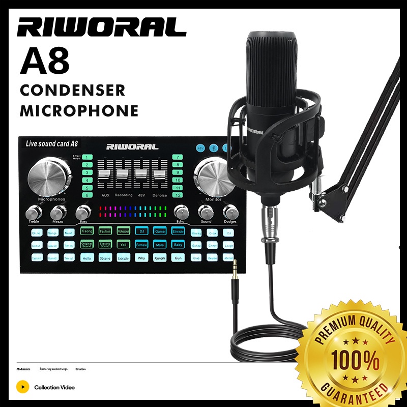 RIWORAL A8 คอนเดนเซอร์ไมโครโฟน แพ็คเกจสด Sound card การ์ดเสียง มีขาตั้ง แถมหูฟังมอนิเตอร์