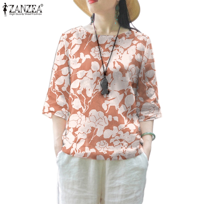 Celmia ZANZEA เสื้อเบลาส์ คอกลม แขน 3/4 พิมพ์ลายดอกไม้ ทรงหลวม พลัสไซซ์ สําหรับผู้หญิง