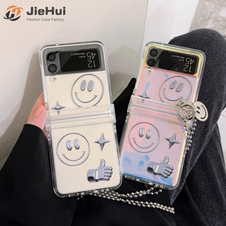 Jiehui เคสโทรศัพท์มือถือแฟชั่น ลายหน้ายิ้ม สีเงิน สามชิ้น พร้อมจี้ โซ่ และกระดาษแข็ง สําหรับ Samsung Z Flip5 Z Flip4 Z Flip3