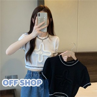 OFF SHOP พร้อมส่ง (OFF-78066) เสื้อไหมพรมแขนสั้น ครอปสั้นน่ารักใส่สบายมาก  -C