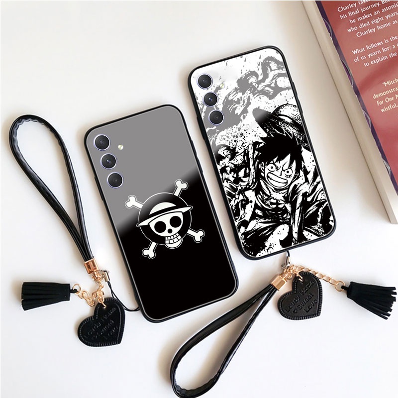 เคสโทรศัพท์มือถือกระจกนิรภัย แบบแข็ง ลายอนิเมะ One Piece Luffy Skull ประดับพู่ พร้อมสายคล้อง สําหรับ Samsung Galaxy A54 A34 A24 A14 5G A04E M13 M20 M53 M23