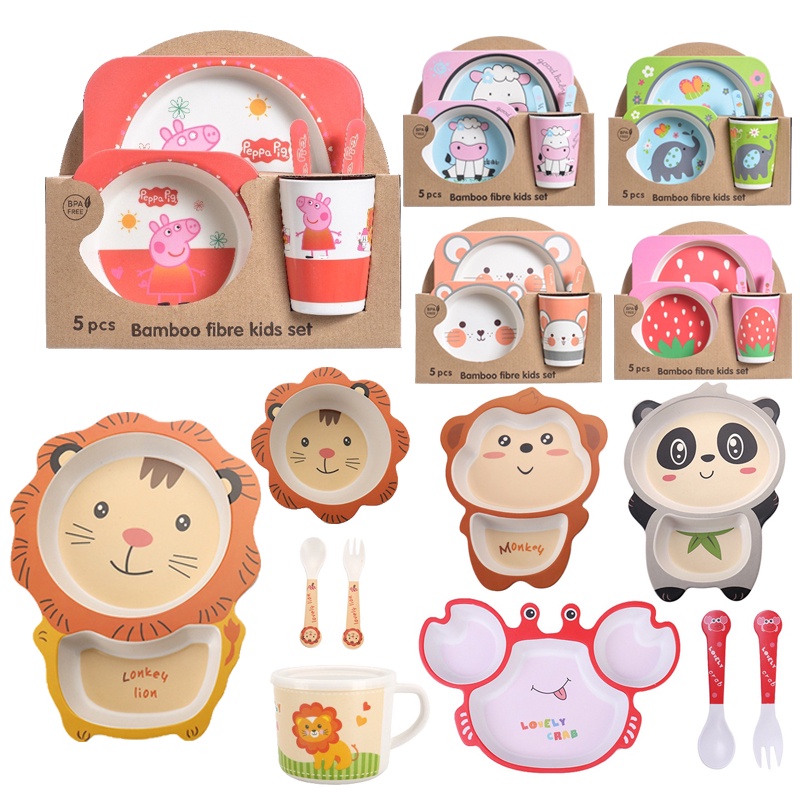 👶พร้อมส่ง✅ชุดจานข้าวเด็ก จานอาหารเด็ก ชุดจานเยื่อไผ่ ภาพการ์ตูน อุปกรณ์ทานอาหารเด็ก วัสดุความปลอดภัย ไม่ตกสี