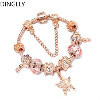 Dinglly สร้อยข้อมือ จี้ผีเสื้อ สีโรสโกลด์ สําหรับผู้หญิง Diy สร้อยข้อมือลูกปัดคริสตัลอัลลอยด์