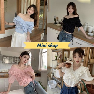 Mini shop🌸พร้อมส่ง🌸 (60133) เสื้อเปิดไหล่ผ้าไหมพรม  ใส่ได้ทั้ง 2แบบ ดีเทลระบายข้างๆ สีพาสเทล -C