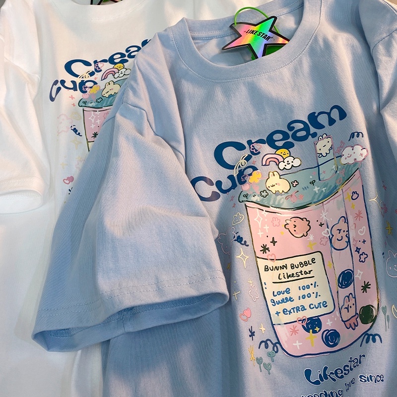 เสื้อยืดลําลอง แขนสั้น พิมพ์ลายตัวอักษรชานม กระต่ายน่ารัก ทรงหลวม ขนาดใหญ่ สไตล์เกาหลี สําหรับนักเรียน วัยรุ่น และผู้หญิง