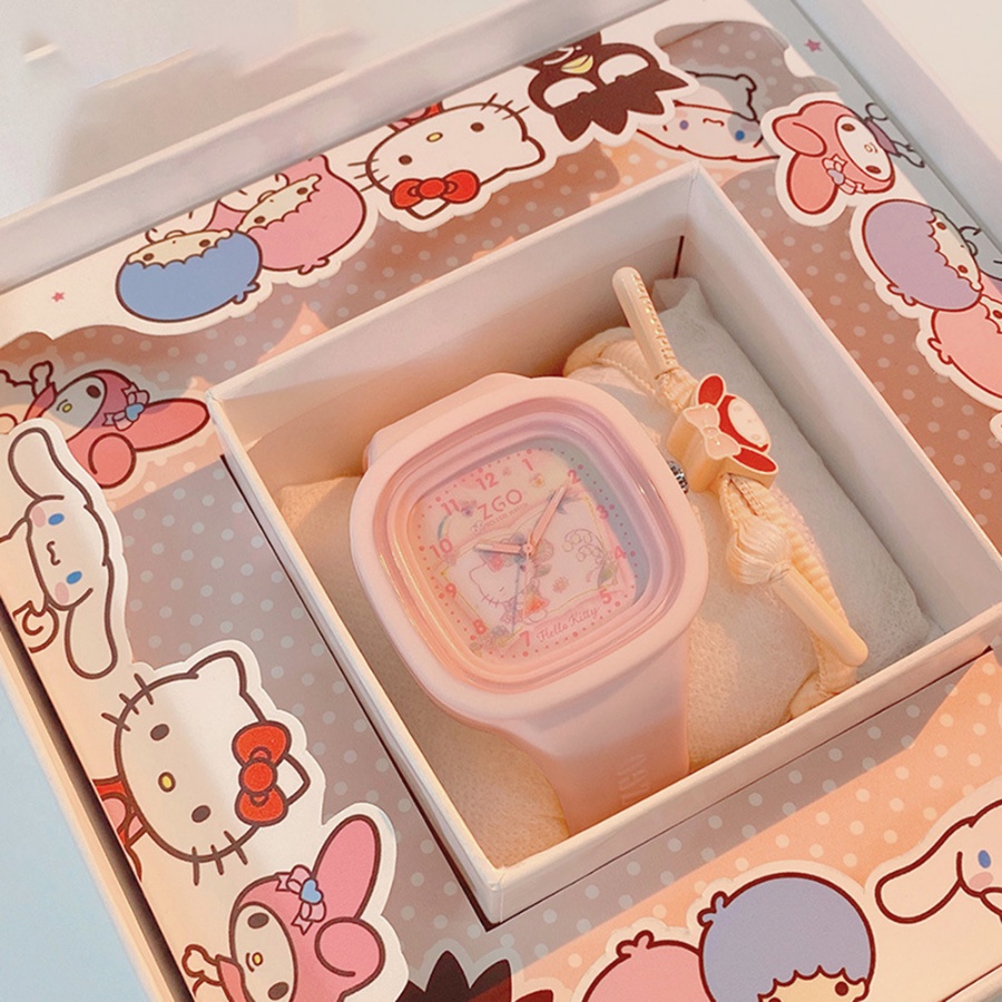 Sanrio นาฬิกาข้อมือควอตซ์แฟชั่น สายซิลิโคนนิ่ม หน้าปัดสี่เหลี่ยม ลาย Hello Kitty Kuromi Melody คุณภาพสูง ให้เป็นของขวัญได้ สําหรับนักเรียน