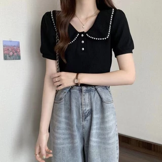 🌸Breeze🌸ขนาดพลัส เล็บลูกปัดแขนสั้น เสื้อยืด ออกแบบสำหรับน้องสาวอ้วน สไตล์ฝรั่งเศส🌸(จัดส่ง 24 ชั่วโมง)🌸