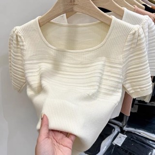 เสื้อถัก แขนพอง คอสี่เหลี่ยม สไตล์ฝรั่งเศส สําหรับผู้หญิง