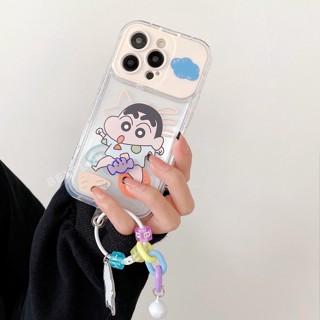 เคสโทรศัพท์มือถือ ซิลิโคน ฝาพับ ลายการ์ตูนช้างชินจัง พร้อมสายคล้องมือ และกระจก สําหรับ IPhone 6 S 7 8 Plus 11 14 13 12 Pro MAX Mini X XR XS MAX SE 2020