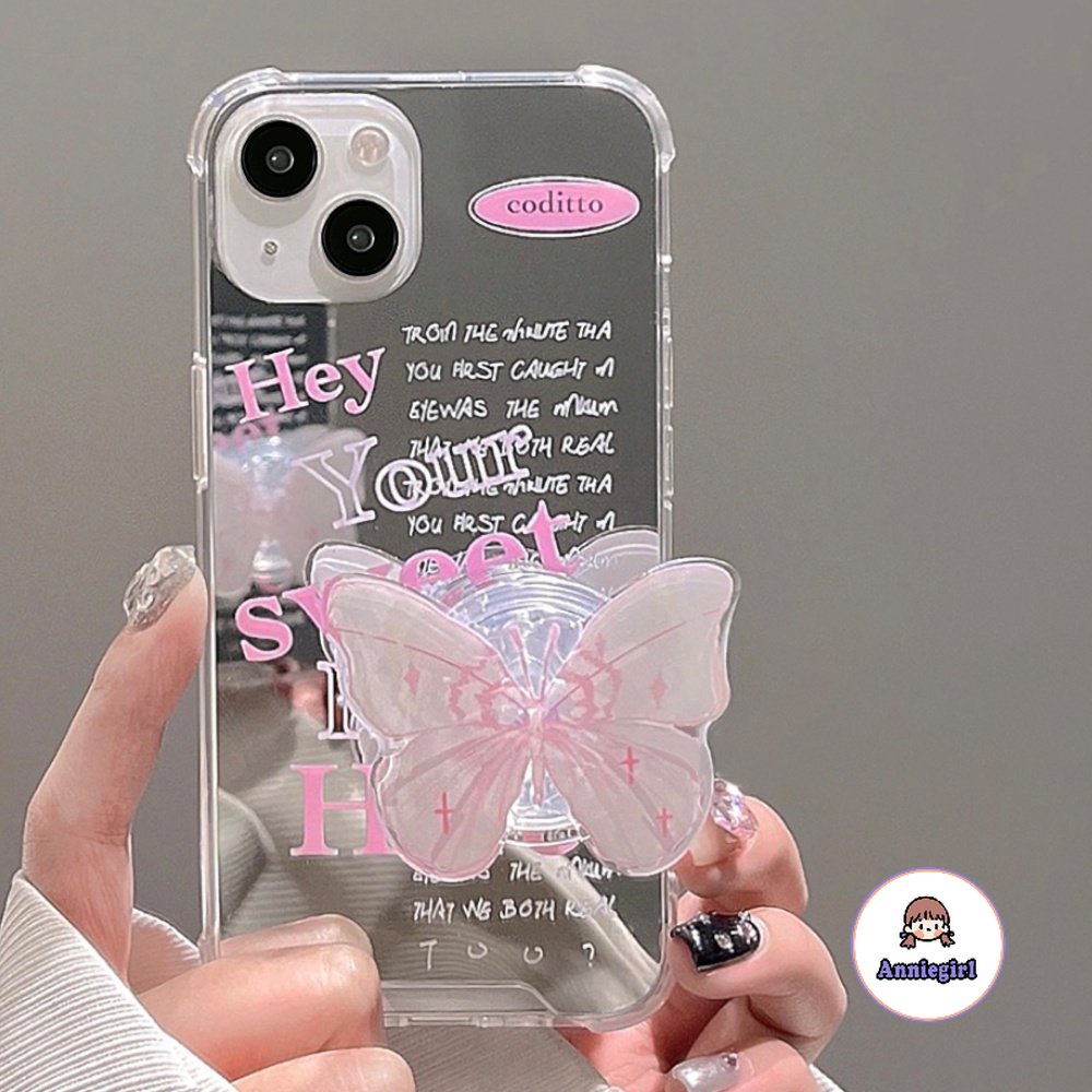 เคสโทรศัพท์มือถือ TPU นิ่ม กันฝุ่น ลายผีเสื้อ สีชมพู พร้อมกระจกขาตั้ง สไตล์เกาหลี สําหรับ IPhone 15 11 14 Pro Max 13 12 15 Promax XR XS 7 8 Plus