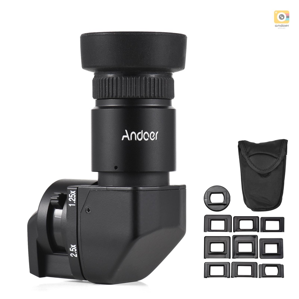 Andoer Camera Viewfinder 1.25X/ 2.5X Magnification Right Angle Viewfinder with 10 Mounting Adapters 