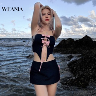 Weania-2 ชุดเสื้อสายเดี่ยว ผูกโบว์ และกระโปรงสั้น เซ็กซี่ สําหรับผู้หญิง