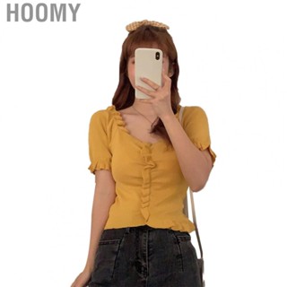 Hoomy Pure Color Frill Trim Top   Fit Short Sleeve V Neck Top Pure Color  for Beach Party for Women