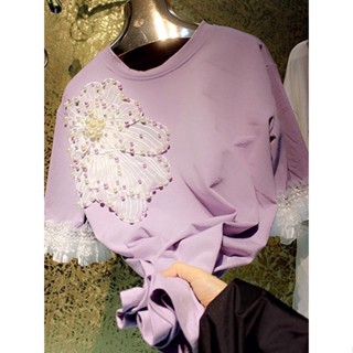 Extra-large size 300 jin pure cotton is popular this year, beautiful blouses, unique chic tops, purple nail beads, short-sleeved t-shirts